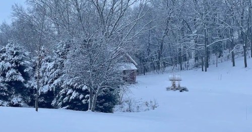 A snowy landscape featuring a red barn, frosted trees, and a serene winter scene.