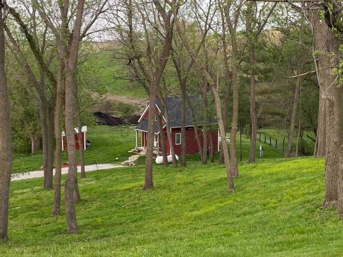 A small red cabin nestled among trees on a grassy hillside, with a winding path leading to it.