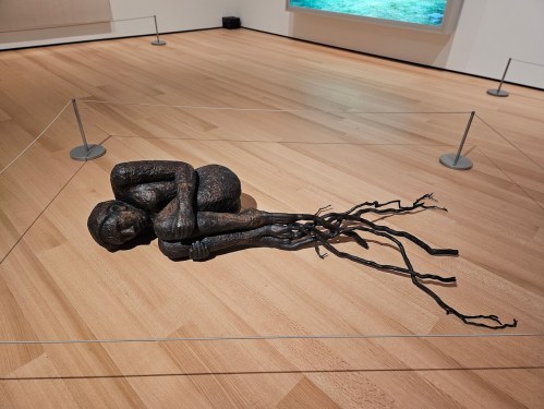 A bronze sculpture of a figure curled up, intertwined with branches, displayed in a gallery with wooden flooring.