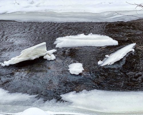Ice fragments float on a dark, flowing stream surrounded by snow and ice-covered banks.