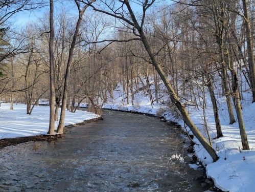 A serene winter scene featuring a flowing river surrounded by snow-covered banks and bare trees.