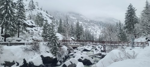 A snowy landscape featuring a bridge over a river, surrounded by tall evergreen trees and misty mountains.