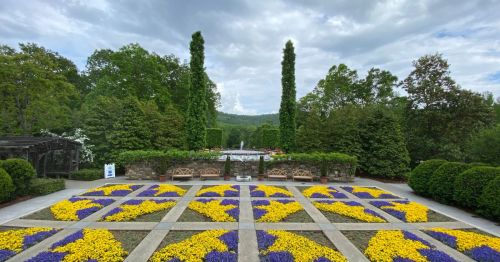 A landscaped garden featuring vibrant yellow and purple flowers, surrounded by greenery and trees under a cloudy sky.