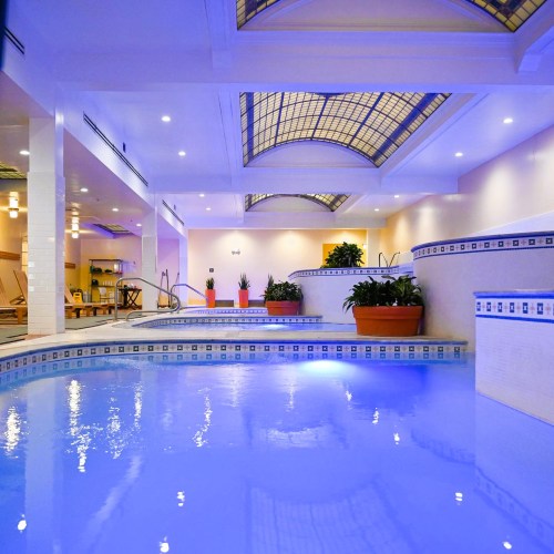 Indoor pool area with blue water, potted plants, and a decorative ceiling. Soft lighting creates a relaxing atmosphere.