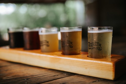A wooden flight board holds five small glasses of different craft beers in a rustic setting.