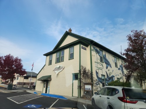 A two-story building with a mural of fish, featuring a person on the roof and trees in the foreground.