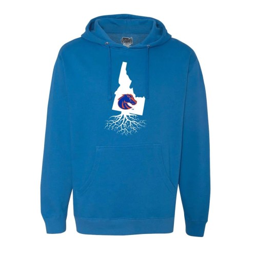 Blue hoodie featuring a graphic of Idaho with a tree root design and a Boise State logo.
