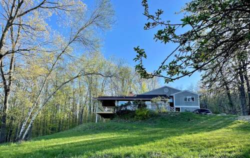 A modern house surrounded by trees on a grassy hill under a clear blue sky.