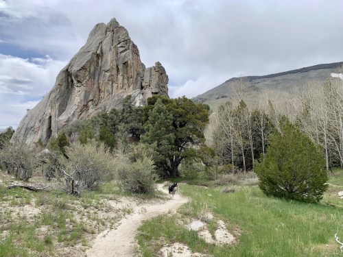 A winding path leads through green grass and trees, with a large rock formation towering in the background under a cloudy sky.