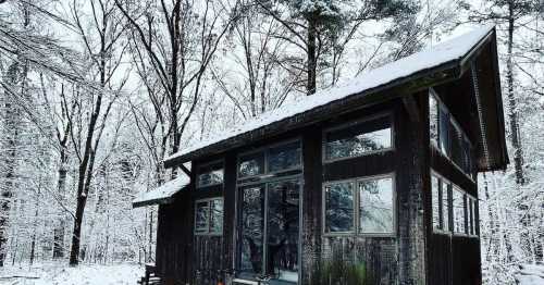 A rustic cabin surrounded by snow-covered trees in a winter landscape.