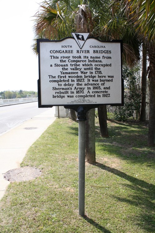 Sign about Congaree River Bridges, detailing its history and connection to the Congaree Indians and the Civil War.