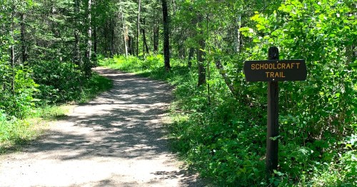 A dirt path leads into a lush green forest, marked by a sign that reads "Schoolcraft Trail."