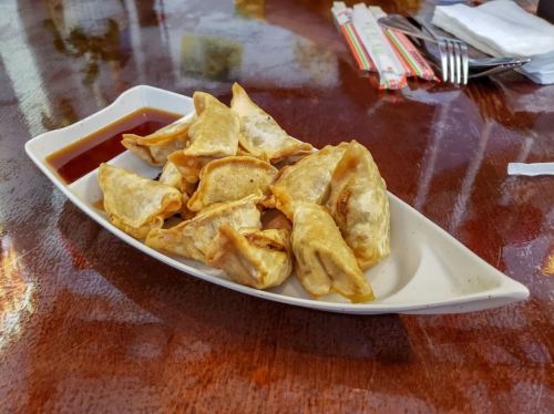 A plate of golden-brown dumplings served with a small dish of dipping sauce on a wooden table.