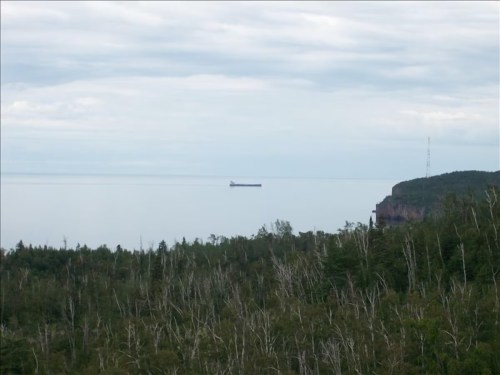 A distant cargo ship on calm waters, with a forested shoreline and a radio tower in the background under a cloudy sky.