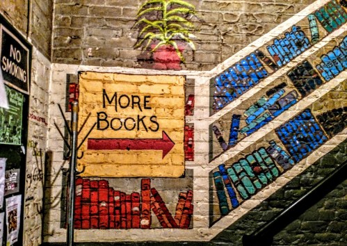 Colorful mural on a brick wall directing to "More Books" with painted bookshelves and a plant above.