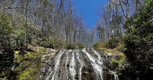 A cascading waterfall surrounded by trees under a clear blue sky.