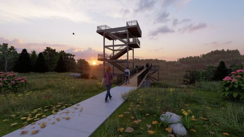 A modern observation tower at sunset, surrounded by greenery and flowers, with people walking along a path.