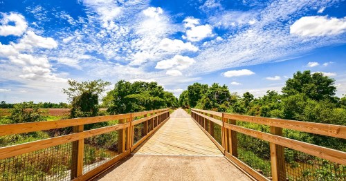 A wooden bridge stretches through a lush green landscape under a bright blue sky with fluffy white clouds.