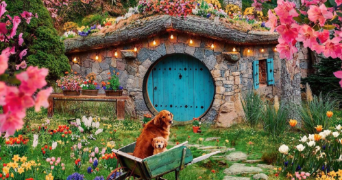 A charming stone cottage with a blue door, surrounded by colorful flowers and two dogs sitting in a wheelbarrow.
