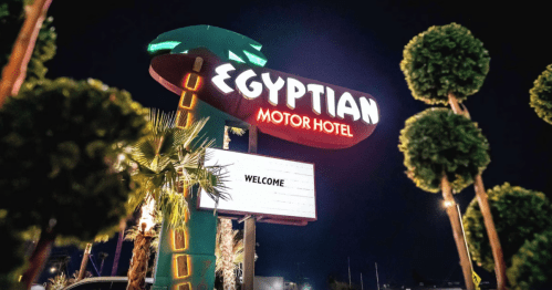 Neon sign for the Egyptian Motor Hotel at night, featuring palm trees and a welcoming message.