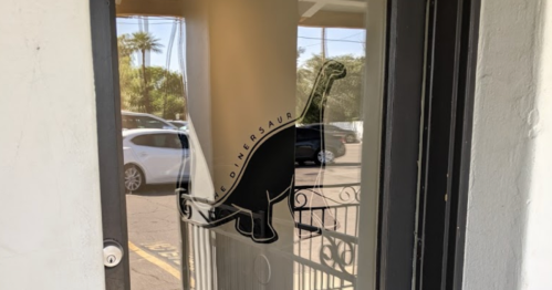 A door with a dinosaur silhouette graphic, partially obscured by a curtain, in a sunny outdoor setting.