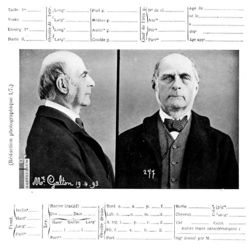 Mugshot of a man from 1893, showing profile and frontal views, with handwritten notes and measurements below.