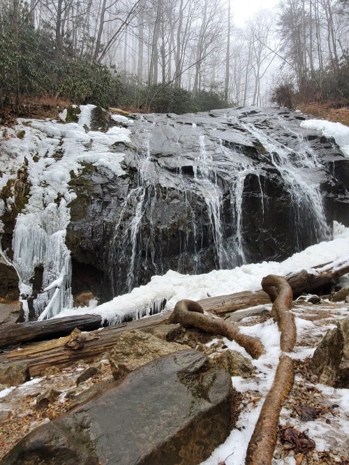 A frozen waterfall cascading over rocky terrain, surrounded by misty trees and icy ground.