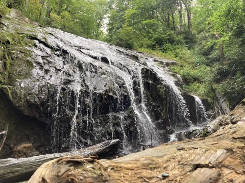 A serene waterfall cascading over rocky terrain, surrounded by lush green trees and foliage.