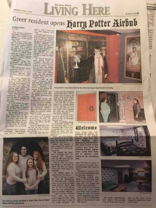 Newspaper article about a Greer resident opening a Harry Potter-themed Airbnb, featuring photos and family details.
