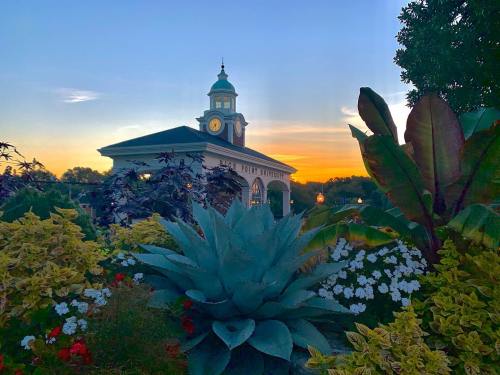 A clock tower surrounded by vibrant flowers and plants at sunset, creating a picturesque scene.