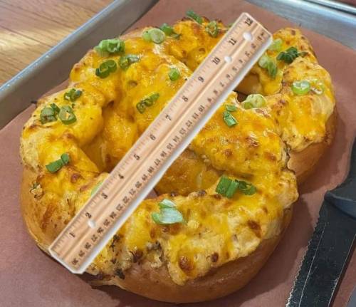A cheesy, golden-brown pastry topped with green onions, placed on a tray with a ruler for size reference.