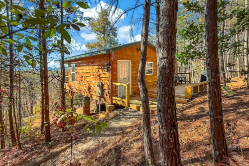 A cozy wooden cabin nestled among trees, with a deck overlooking a scenic view under a bright blue sky.
