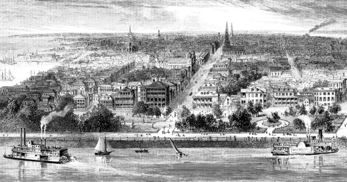 A historic black and white illustration of a bustling riverside city with boats, buildings, and people.