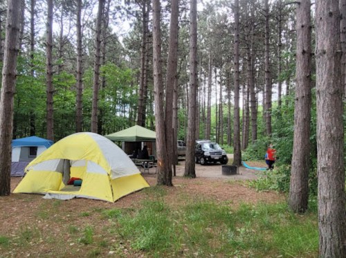 A yellow tent and a green canopy set up in a wooded campsite with a vehicle parked nearby.