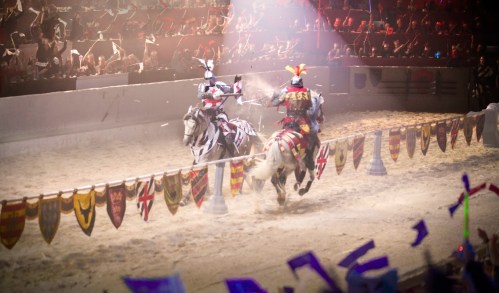 Two knights in armor on horseback compete in a jousting arena, surrounded by cheering spectators and colorful banners.