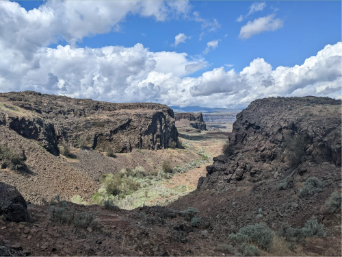 A rocky canyon landscape with green patches, under a blue sky filled with fluffy white clouds.