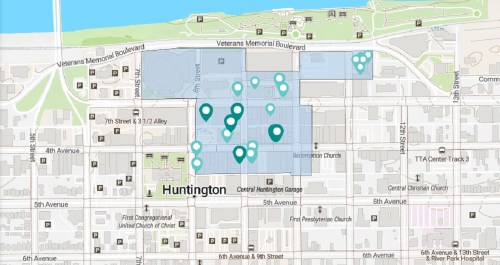 Map of Huntington area with marked locations, streets, and nearby landmarks, including churches and a hospital.