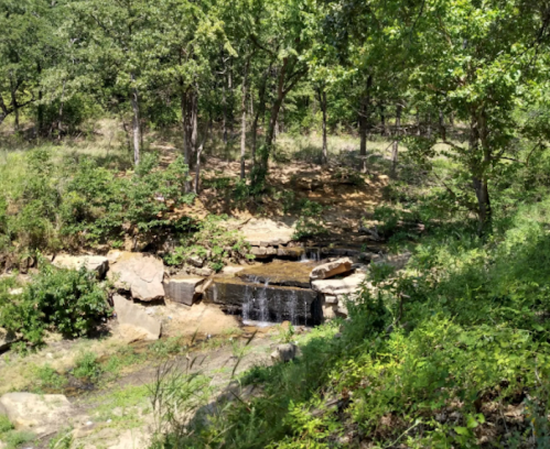 A serene landscape featuring a small waterfall surrounded by lush greenery and rocky terrain.