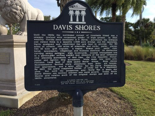 Sign about Davis Shores, detailing its history, development, and architectural features in St. Augustine, Florida.