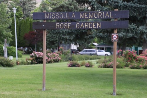 Sign for Missoula Memorial Rose Garden, surrounded by greenery and flowers.