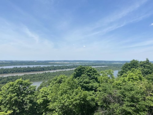 A scenic view of a river winding through lush green trees under a clear blue sky.