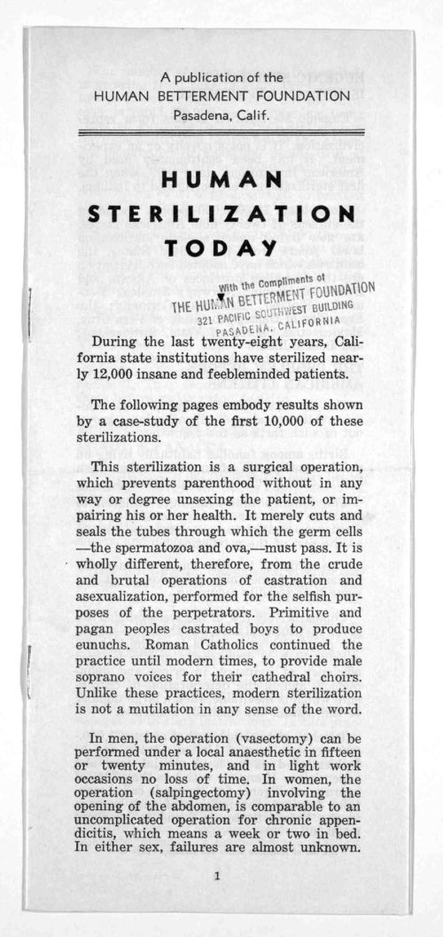 A vintage pamphlet titled "Human Sterilization Today," discussing sterilization procedures and their implications.
