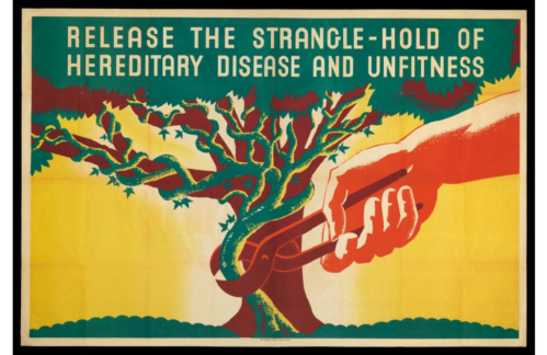 A hand using pruning shears to cut a tree, symbolizing the fight against hereditary disease and unfitness.