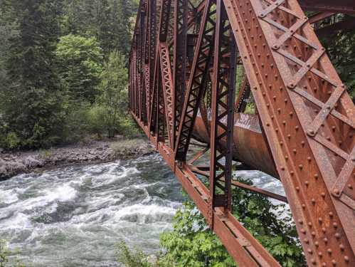 Rusty metal bridge arching over a rushing river, surrounded by lush green trees and rocky banks.