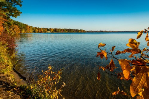 A serene lake surrounded by colorful autumn foliage under a clear blue sky.