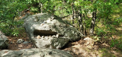 A large rock in a forest, decorated with smaller stones, surrounded by greenery and trees.