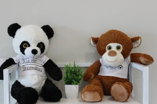 Two plush toys, a panda and a monkey, sit on a shelf next to a small potted plant, both wearing white shirts.