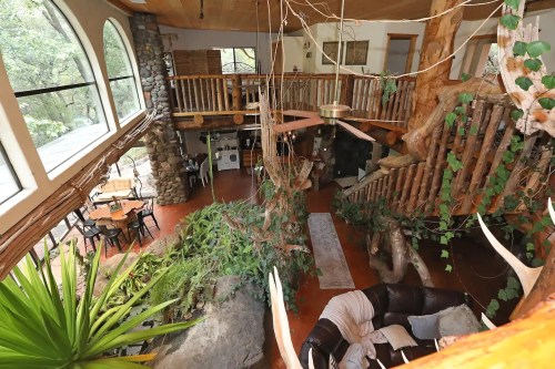 A spacious, rustic interior with wooden beams, plants, and a cozy seating area, featuring large windows and natural elements.