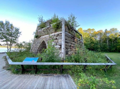 Ruins of a stone structure overgrown with plants, surrounded by trees and a wooden walkway.
