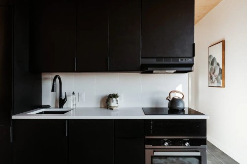 Modern kitchen with black cabinetry, white countertops, a kettle, and a minimalist decor featuring a plant and artwork.